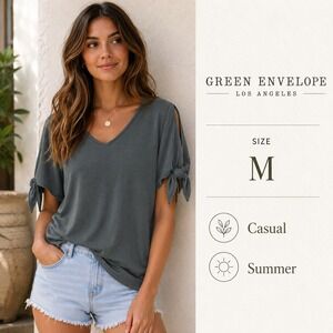 Green Envelope Top Womens Medium Gray Solid Relaxed Cold Shoulder Tie Knot Chic